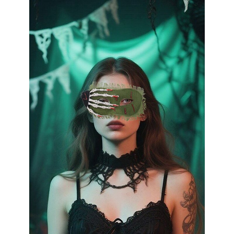 Women's Skull Hand Linen Mask with Horror Skeleton Print, Creepy Gothic Style Costume Accessory for Halloween Parties and Masquerade Balls3