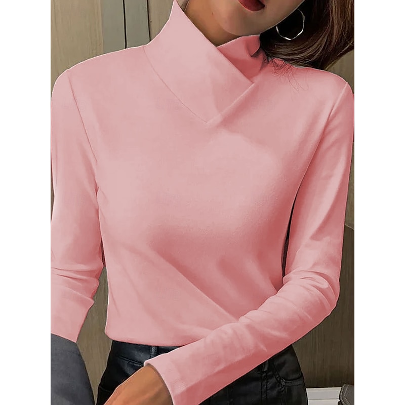 Women's T Shirt Plain Elegant Vintage Stylish Long Sleeve High Neck Regular Tops Daily Pink Blue Purple Orange Green Spring Fall Winter