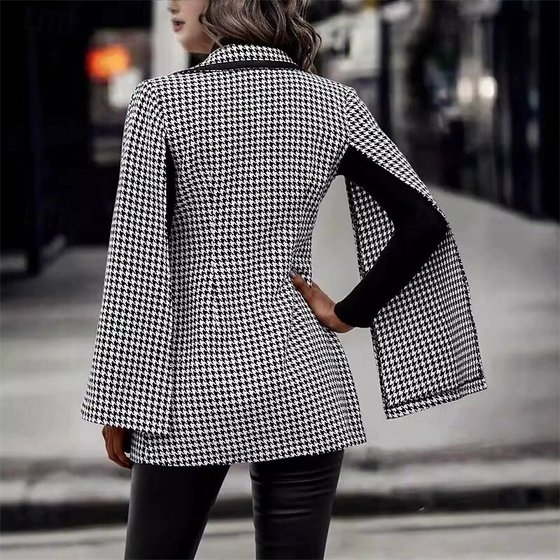 Women's Blazer Comfortable Pocket Elegant Fashion Outdoor Lattice Going out Casual Daily Weekend Cardigan Regular Lapel Regular Fit Long Sleeve Outerwear Black And White Spring Fall4