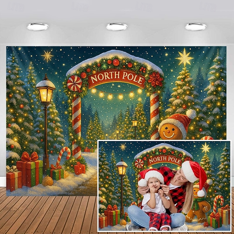 Christmas Wall Tapestry Backdrop, Santa's North Pole Photo Booth Design with Tree and Lights, 2025 Xmas Holiday Wall Hanging for Bedroom Living Room Party3