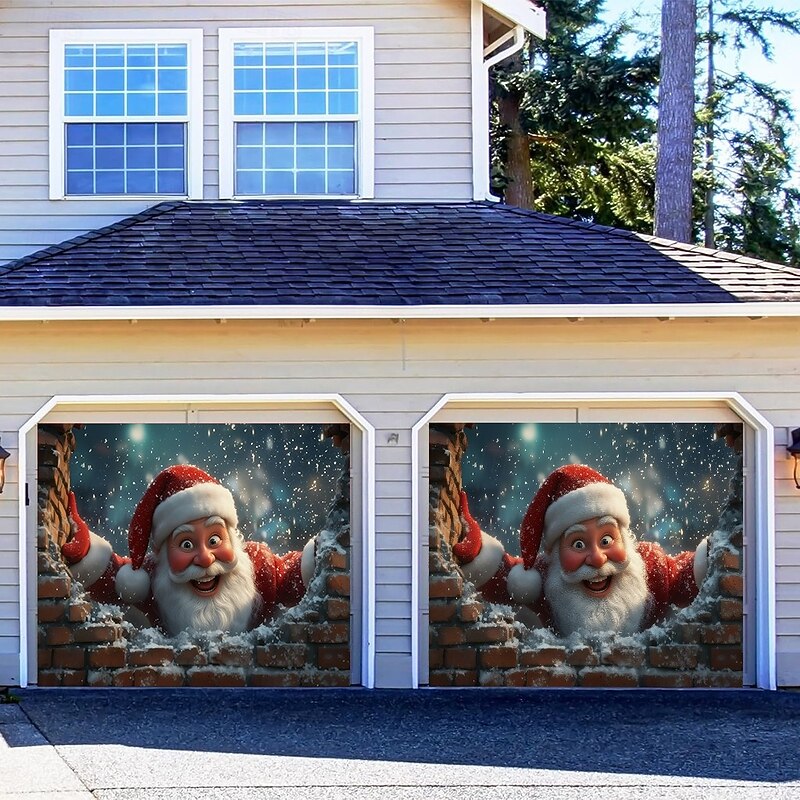 Christmas Garage Door Cover Winter Holiday Decoration Drapes with Santa Claus Standing by Wall Print for Home Entryway Living Room Bedroom Indoor Outdoor Festive Seasonal Home Decor3