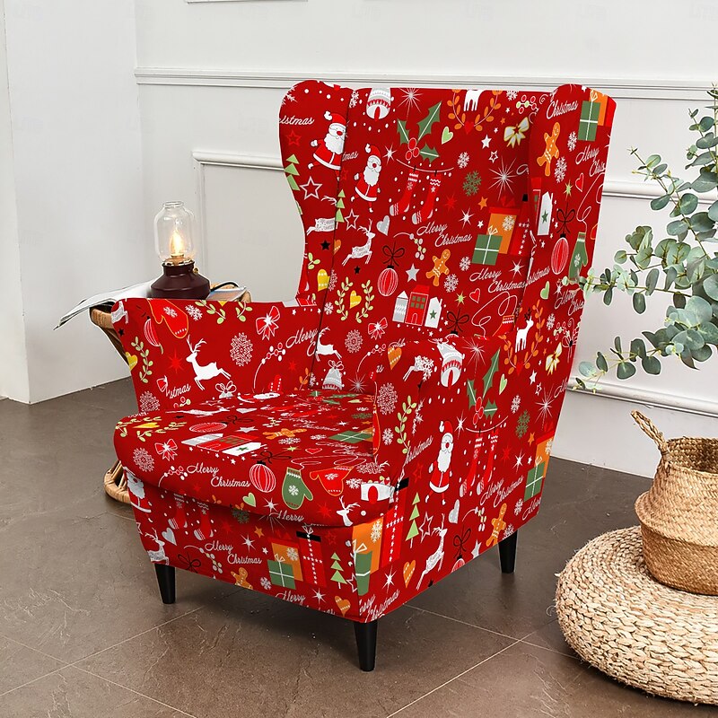 Christmas Wingback Chair Cover, Floral, Striped, or Geometric Printed Polyester Slipcover, Elastic Non-Slip Chair Protector for Home or Party4