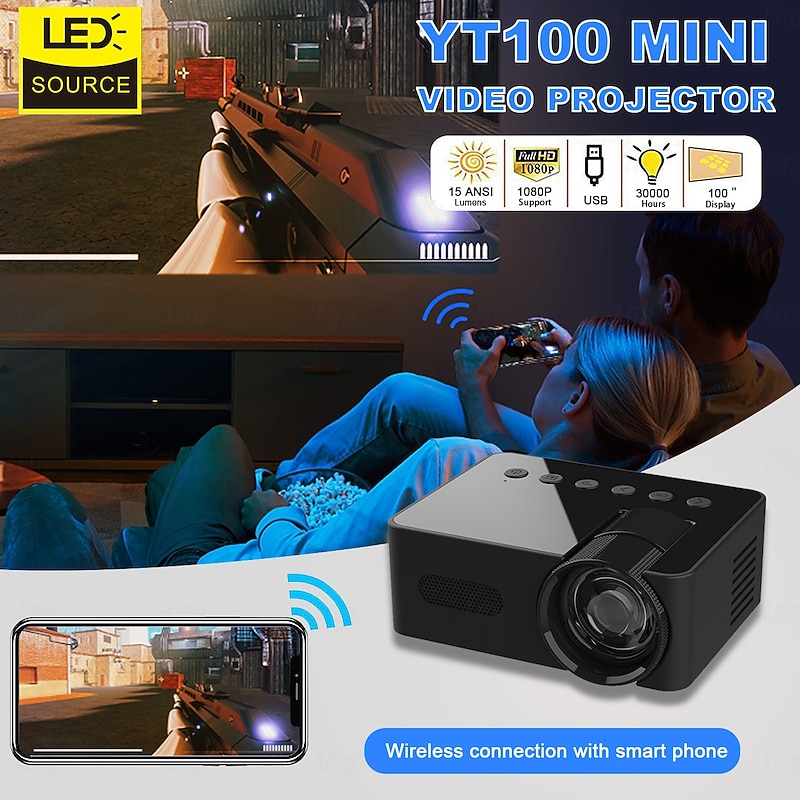 YT100 Mini Projector Wireless WIFI Display Screen Mirror with iOS and Android Smartphones Support USB Input Pocket Projector for Classic Movie Kids Animation