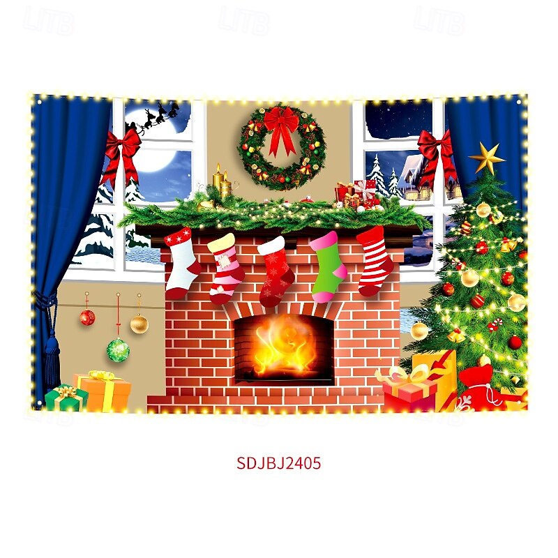 Christmas Backdrop Fabric,   Holiday Party Indoor Decoration, Photo Shoot Background with LED Lights, Hanging Wall Banner for Xmas Celebration, Wholesale4