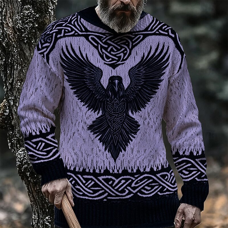 Men's Animal Eagle Viking Pullover Sweater Jumper Knitwear Crewneck Retro Vintage Casual Vacation Street Daily 3D Print Knitting Keep Warm Long Sleeve Spring Fall Winter White Blue Purple4