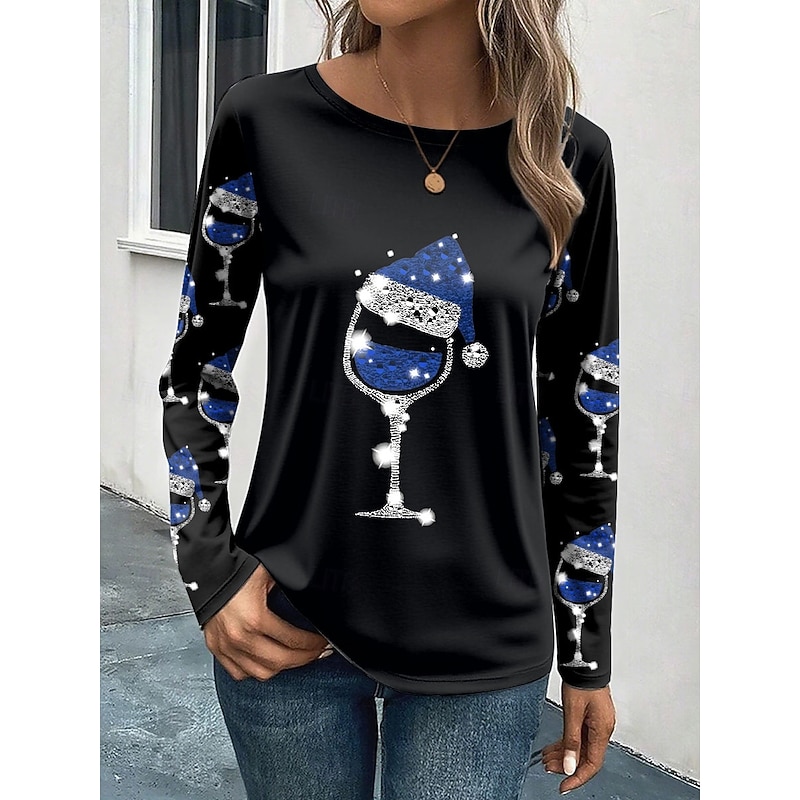 Christmas Women's T Shirt Graphic Wine Glass Vintage Fashion Stylish Long Sleeve Crew Neck Round Neck Regular Tops Daily Weekend Print Red Blue Purple Green Summer Spring Fall Winter2