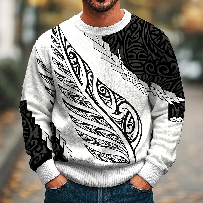 Men's Leaf Pullover Sweater Jumper Knitwear Crewneck Casual Vacation Street Daily 3D Print Knitting Keep Warm Long Sleeve Spring Fall Winter Black White