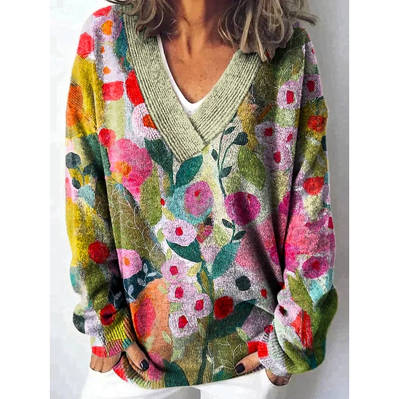 Women's Cardigan Daily Heart Floral Graphic Ribbed V Neck Floral Print Long Sleeve Regular Tops Knit Outdoor Weekend Pink Dark Green Spring Fall2