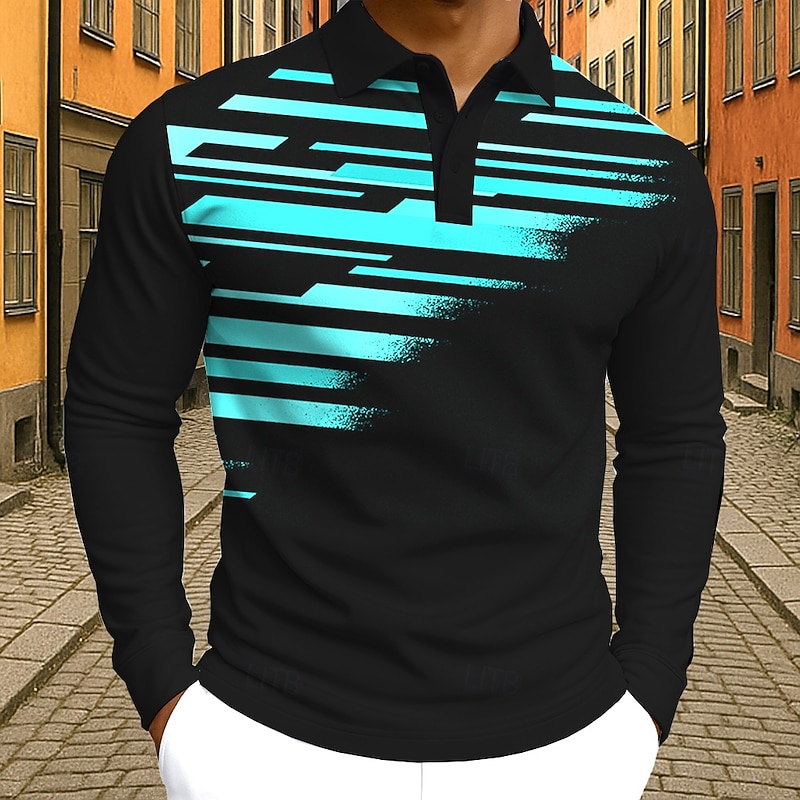 Men's Abstract Geometic Polo Long Sleeve Polo Shirts Lapel Casual Street Athleisure Daily Wear 3D Print Buttons Spring Fall Winter Lake blue Yellow Red