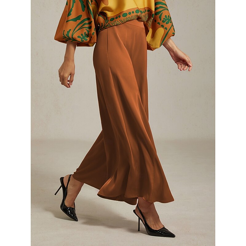 Women's Wide Leg Pants Khaki Satin Elastic Waist Pleated Loose Elegant Fit Spring Summer Autumn2