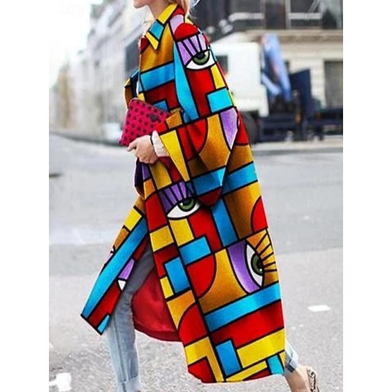Women's Winter Coat Comfortable Breathable Print Artistic Casual Geometric Vacation Street Casual Daily Wear Open Front Long Turndown Regular Fit Long Sleeve Outerwear Red Blue Fuchsia Spring Fall