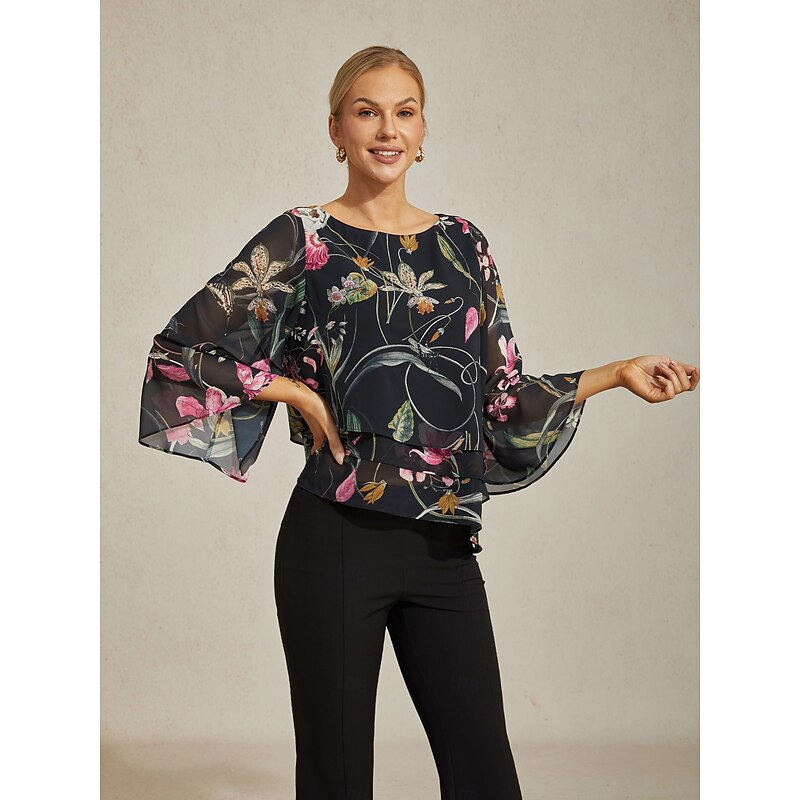 Women's Blouse Black Floral 3/4 Sleeve Loose Round Neck Casual Elegant Vacation Spring Summer Fall3