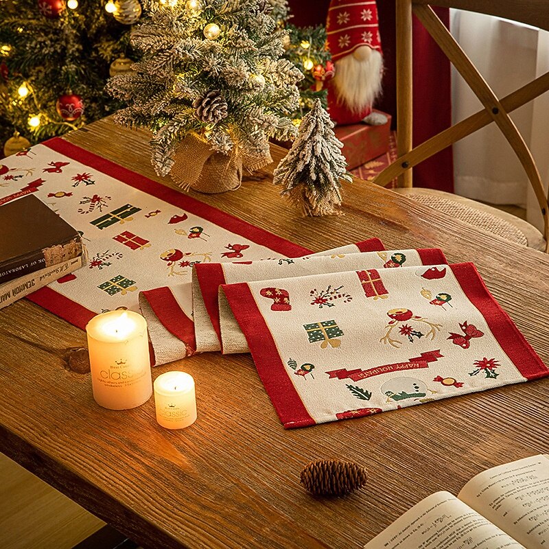 Christmas Table Runner Cotton Linen with Snowman Embroidery, Holiday Dining Table Cloth Decoration, Xmas Party Table Decor Ornament