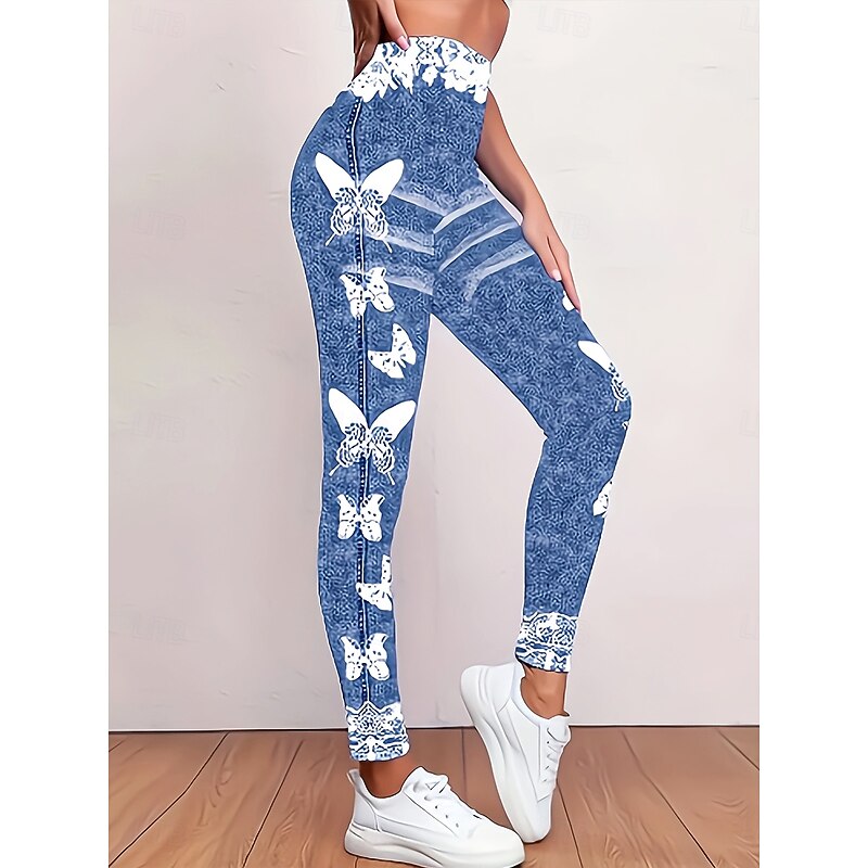 Women's Leggings Vacation Vintage Fashion Full Length High Waist Floral Graphic Butterfly Printing Thermal Warm Soft Breathable Stretchy Vacation Street Casual Light Blue-White Spring Fall Winter2