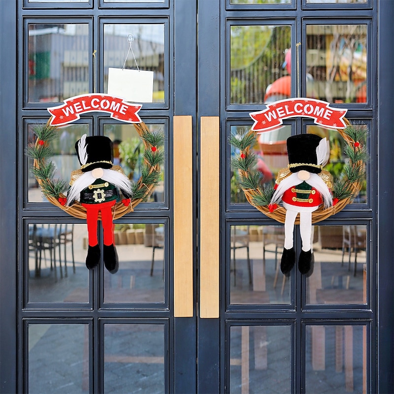 Christmas Soldier Wreath Welcome Wooden Sign Decor Gnome Doll Vine Garland Front Door Hanging Decoration Holiday Party Mall Window Display Christmas Ornament