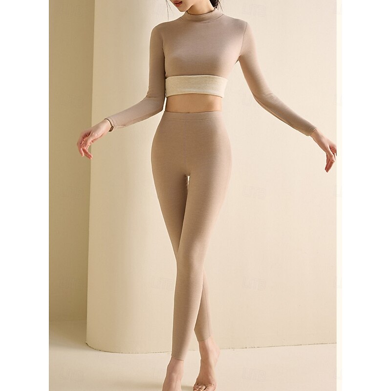 Women's Thermal Underwear Pajama Set Casual Comfort Pure Color Elastic Waist Pant Home Daily Long Sleeve Mock Neck Black Pink Light Brown Green Khaki Spring Fall Winter Tailored Fit3