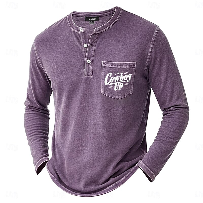 Men's Henley Shirt T shirt Tee Long Sleeve Vintage Letter Print Retro Vintage Casual Printed Pocket Graphic Henley Casual Spring Fall All Seasons Blue Purple Brown Henley T-Shirt2