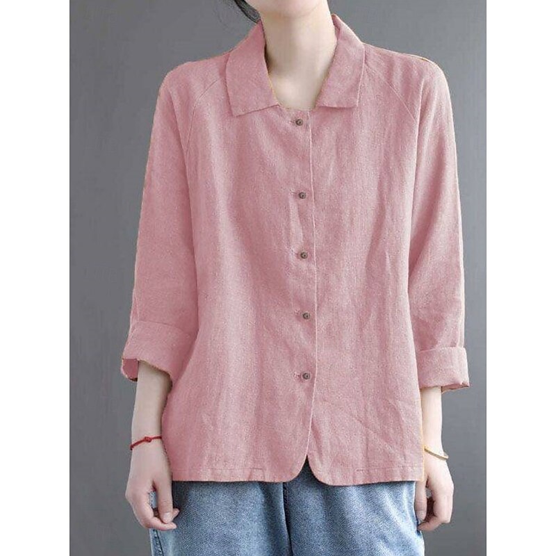 Women's Cotton Linen Shirts Solid Color Basic Casual Long Sleeve Shirt Collar Regular Tops Daily Buttons Pink Khaki Dark Gray Summer Spring3