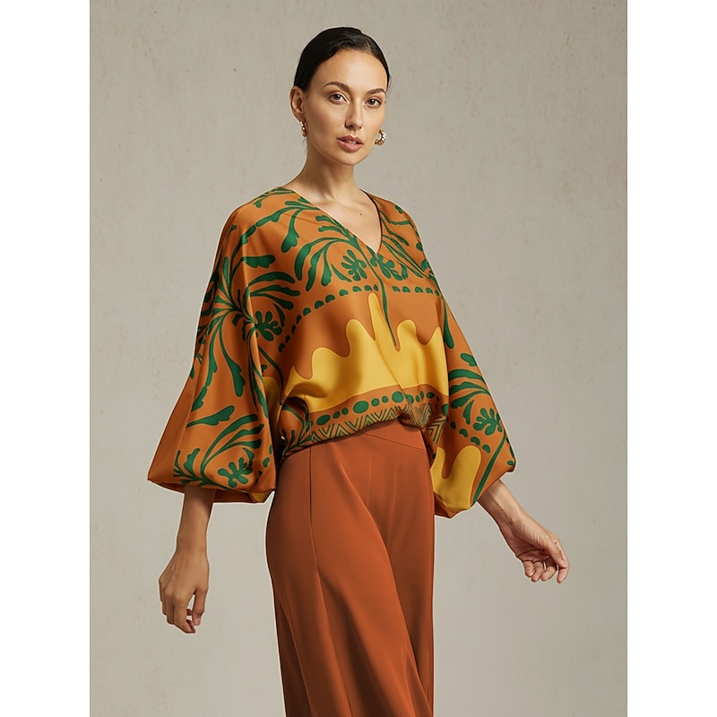 Women's Top Satin Khaki Floral Vacation Print Lantern Sleeve V Neck Spring Autumn Casual2
