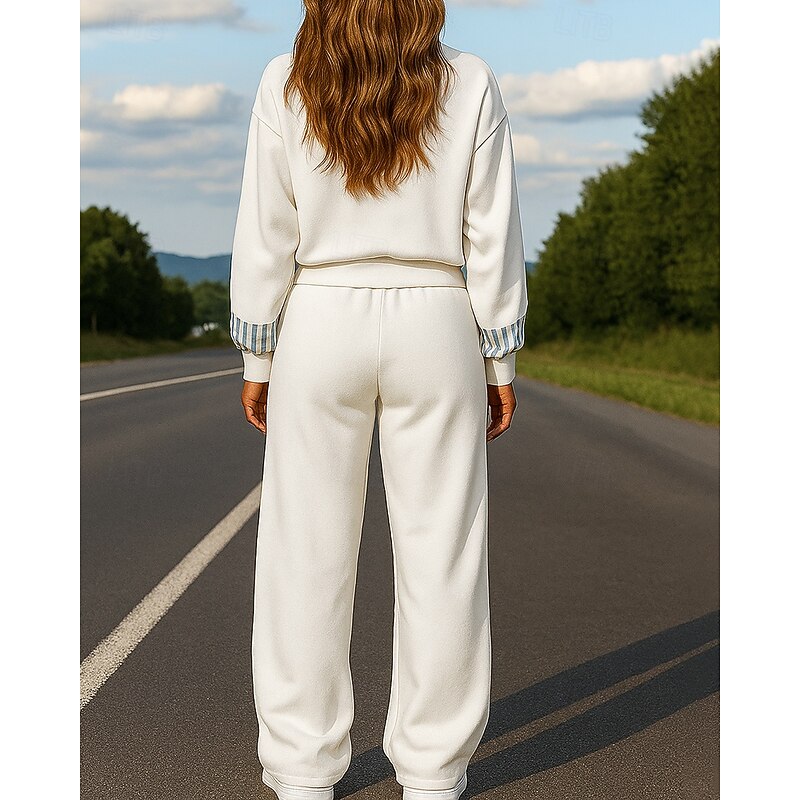 Women's Pullover Sweatsuit Sets 2 Piece Tracksuit Lounge Outfits  Baggy Color Block Clothing Suit Fall Black White Hiking Vocation Outdoor Long Sleeve Sport Activewear Micro-elastic Regular Fit2