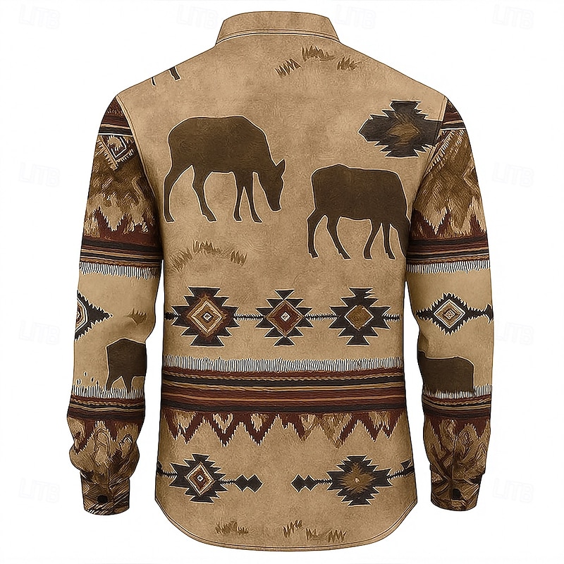 Men's Reindeer Aztec Indian Culture Shirt Button Up Shirt Long Sleeve Ethnic Vintage Retro Outdoor Casual Summer Spring Turndown 3D Print Collared Shirts Khaki2