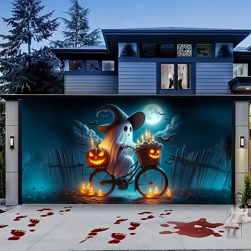 Halloween Garage Door Cover Ghost Pumpkin and Bat Banner Haunted House Horror Scene Spooky Backdrop Tapestry for Outdoor Wall Fence Yard Halloween Party Decoration2