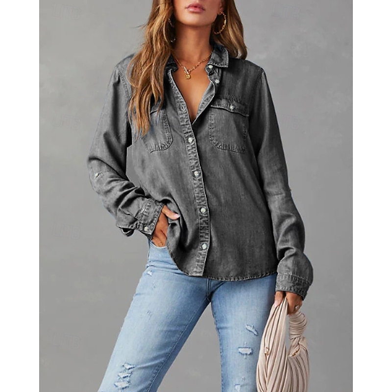 Women's Shirt Blouse Plain Casual Long Sleeve Shirt Collar Regular Tops Daily Holiday Going out Pocket Buttons Dark Gray Spring Fall3