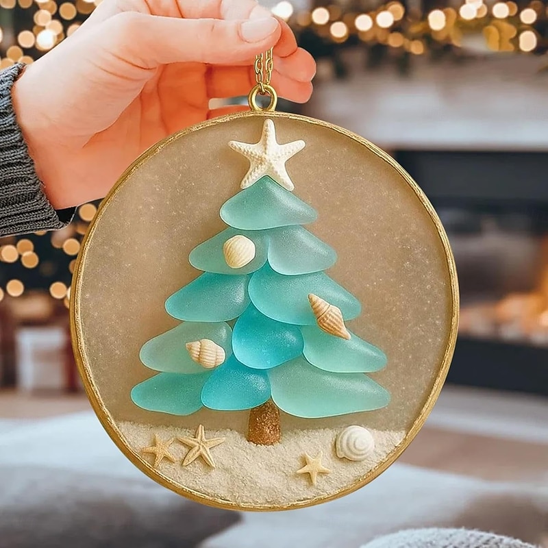 Coastal Christmas Tree Ornament - Handcrafted Sea Glass Decor with Mini Starfish & White Sand Nativity Christmas Tree Decor Ideal for Gifts for Christmas Family Gatherings & Holiday Home Decor2