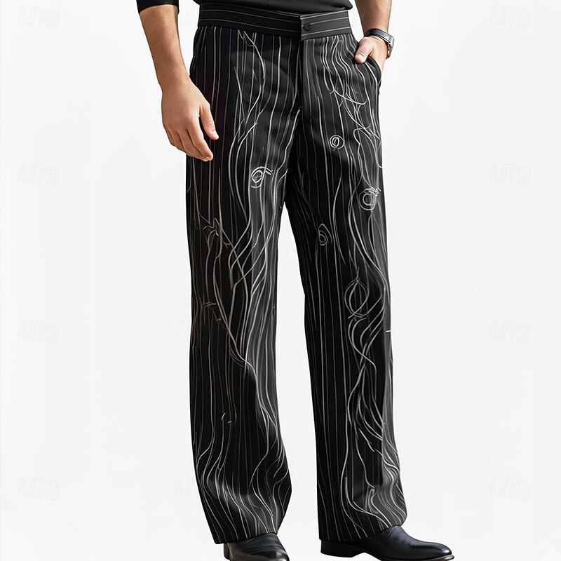 Men's Geometric Striped Trousers Dress Pants Suit Pants Mid Waist Business Casual Formal Dailywear Regular Fit Flat-Front Straight Leg Pants with Pockets Summer Spring Fall 3D Print Black Brown Dark