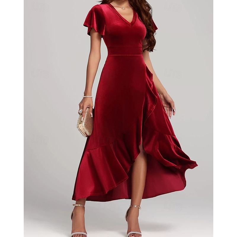 Women's Midi Dress Velvet Dress Cocktail Dress Elegant Fashion Modern Outdoor Party Party Evening Wear Regular Fit Plain Short Sleeve V Neck Black Red Purple Spring Autumn