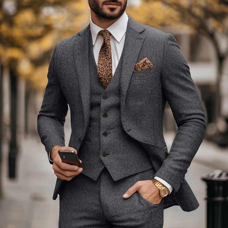 Men's Wedding Party Tweed Suits Notch Lapel Brown Dark Grey Formal Herringbone Slim Fit 3 Piece Single Breasted One-button2