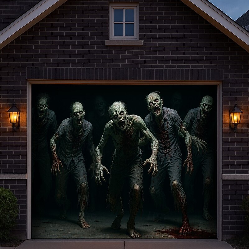 Halloween Outdoor Garage Door Cover Spooky Black White Zombie Horror Banner Large Haunted Tapestry Backdrop Decoration for Holiday Outdoor Garage Door Home Wall Decorations3