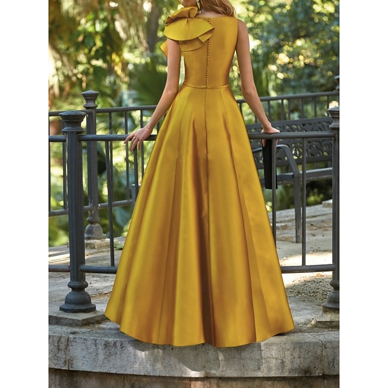 Beach Wedding A-Line Gold Evening Gown Elegant Dress Formal Wedding Guest Floor Length Sleeveless V Neck Satin with Shouder Flower2