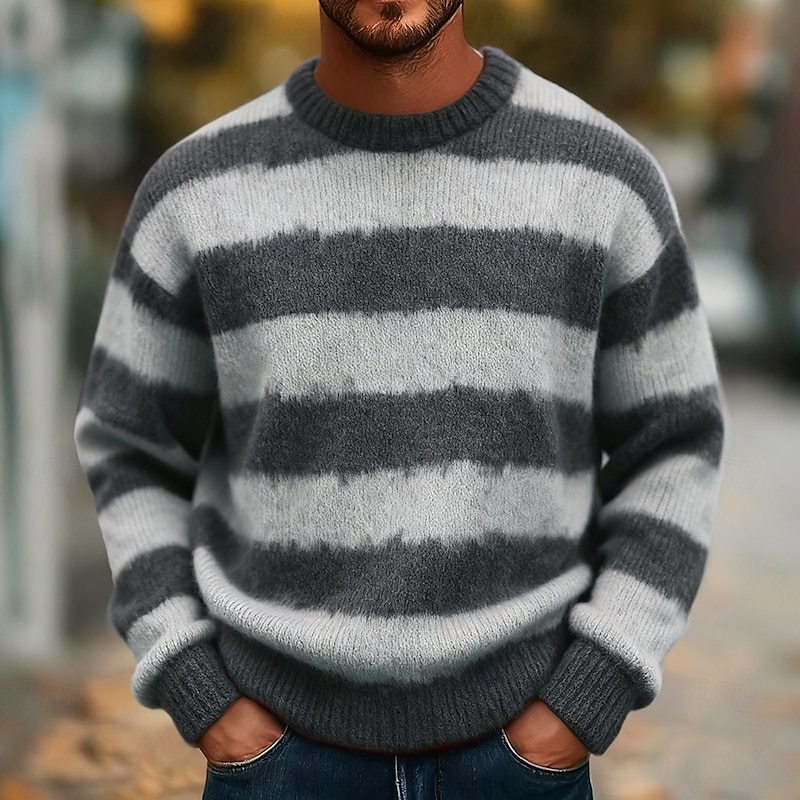 Men's Horizontal Stripes Pullover Sweater Jumper Knitwear Crewneck Casual Vacation Street Daily 3D Print Knitting Keep Warm Long Sleeve Spring Fall Winter Lake blue Yellow Blue