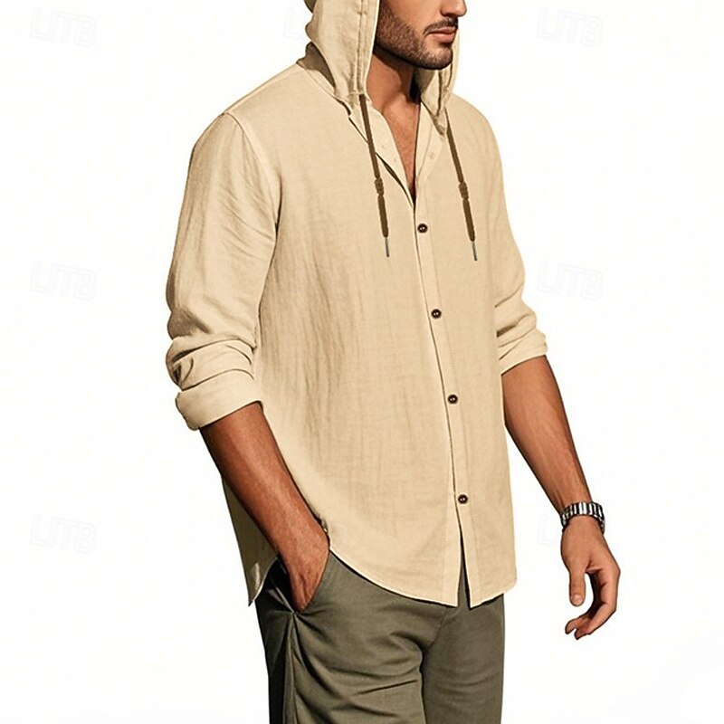 Men's Shirt Linen Shirt Casual Shirt Button Up Shirt Cotton Shirt Coconut Tree Vacation Hawaiian Black White Sky Blue Khaki Long Sleeve Hooded Spring Fall Clothing Apparel Print2