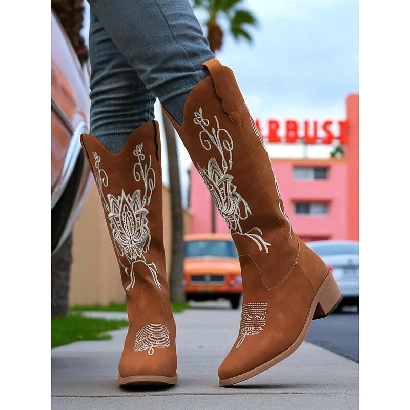 Women's Brown Western Cowboy Embroidered Boots Faux Leather Country Rodeo Cowgirl Style Shoes for Outdoor Festival, Halloween Costume and Cosplay Party2