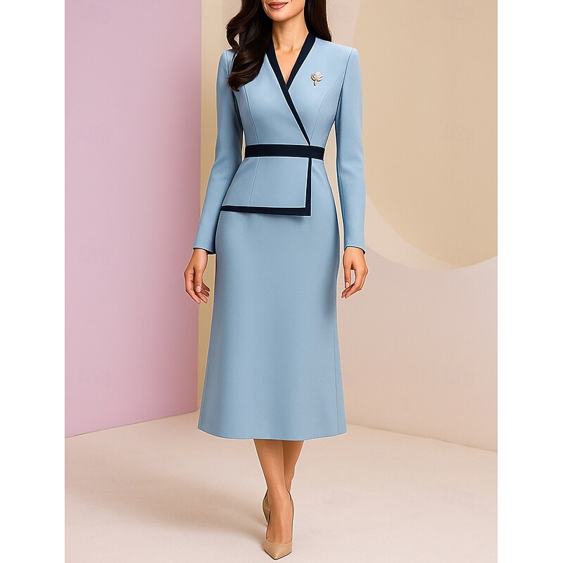 Sheath / Column Mother of the Bride Dress Elegant Vintage V Neck Tea Length  Long Sleeve with Color Block3