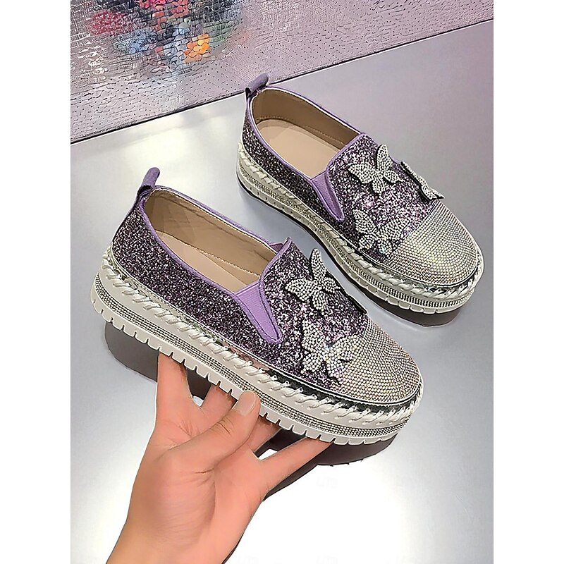 Women's Purple Glitter Slip-On Platform Sneakers with Rhinestone Butterfly Design - Trendy Nightlife Party and Clubwear Shoes4