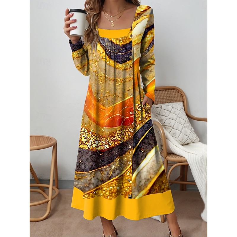 Women's Midi Dress Shift Dress Casual Daily Regular Fit Graphic Abstract Long Sleeve Square Neck Yellow Blue Purple Green Fall Winter