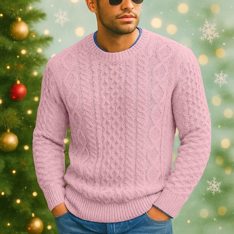 Men's Sweater Pullover Sweater Jumper Cable Knit Regular Tops Knitted Slim Fit Plain Crewneck Christmas Knitwear Christmas Casual Clothing Apparel Fall Winter Black Pink M L XL4