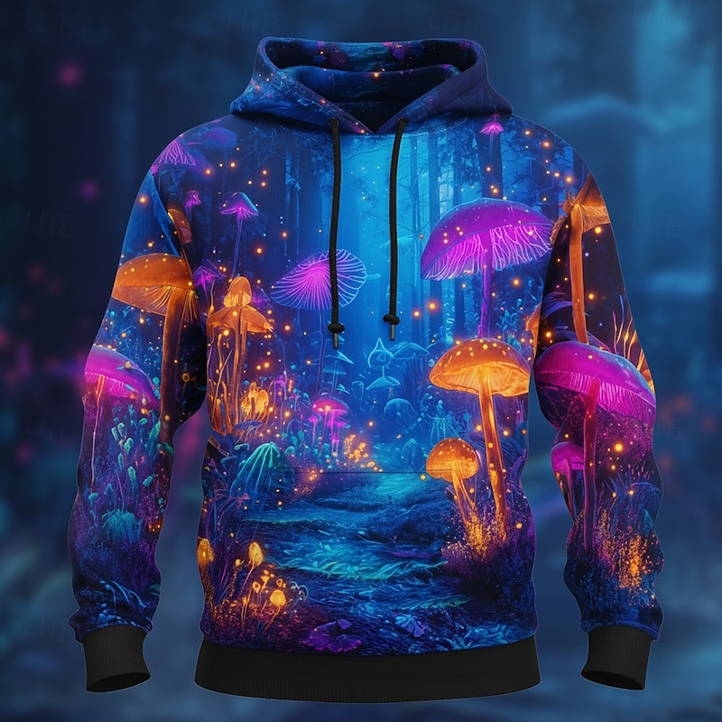 Men's Optical Illusion Mushroom Hoodie Sweatshirt Fashion Hippie Crew Neck Home Party Streetwear Blue Purple Drawstring Fall Winter Designer2