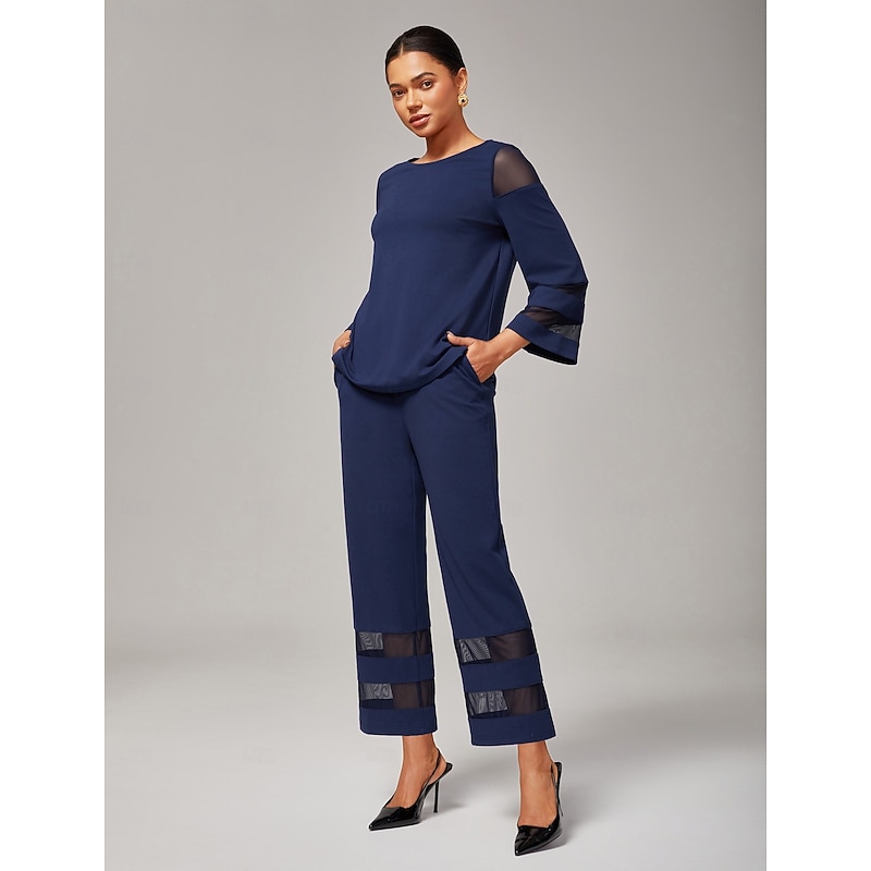 Women's Dark Blue Modal Cropped Pants with Sheer Chiffon Hem Elastic Waist Loose Fit Comfortable Stylish Daily Work Fall2