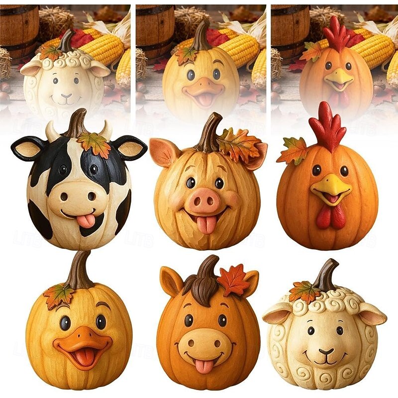 Farm Animal Pumpkin Figurines, Whimsical Pumpkin Animal Figurine, Funny Fall Animals Decor Halloween Figurine Desktop Ornaments for Autumn Thanksgiving Halloween Home Table Centerpiece Decor