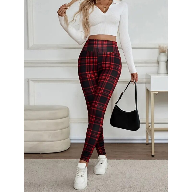 Women's Fleece Pants Chinos Leggings Fashion Streetwear Basic Full Length High Waist Plaid Printing Comfy Soft Comfortable High Elasticity Outdoor Street Red Gray Spring Fall Winter Regular Fit2