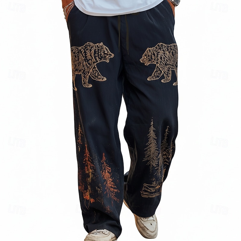 Men's Bear Forest Pants Trousers Casual Pants Mid Waist Drawstring Elastic Waist Vintage Retro Outdoor Camping & Hiking Hunting Straight Leg Trousers Spring Fall 3D Print Brown Green Dark Blue