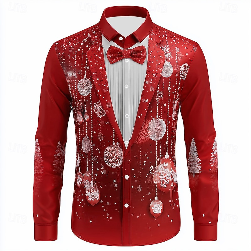 Christmas Men's Snowflake Christmas Costume Suit Tie Printed Tuxedo Shirt Button Up Shirt Long Sleeve Funny Outdoor Holiday Spring Fall Turndown 3D Print Collared Shirts Red 1 Red 3 Red Red 23