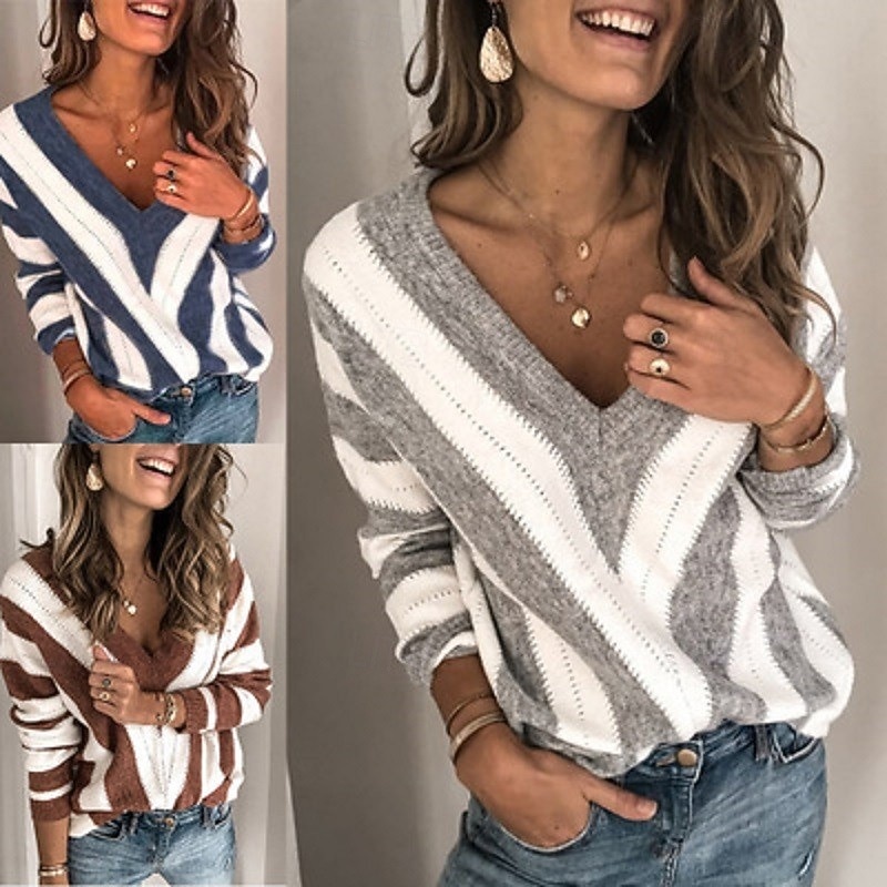 Women's Sweater Casual Soft Striped Ribbed V Neck Knitted Long Sleeve Regular Tops Knit Outdoor Daily Weekend Blue Brown Fall Winter4
