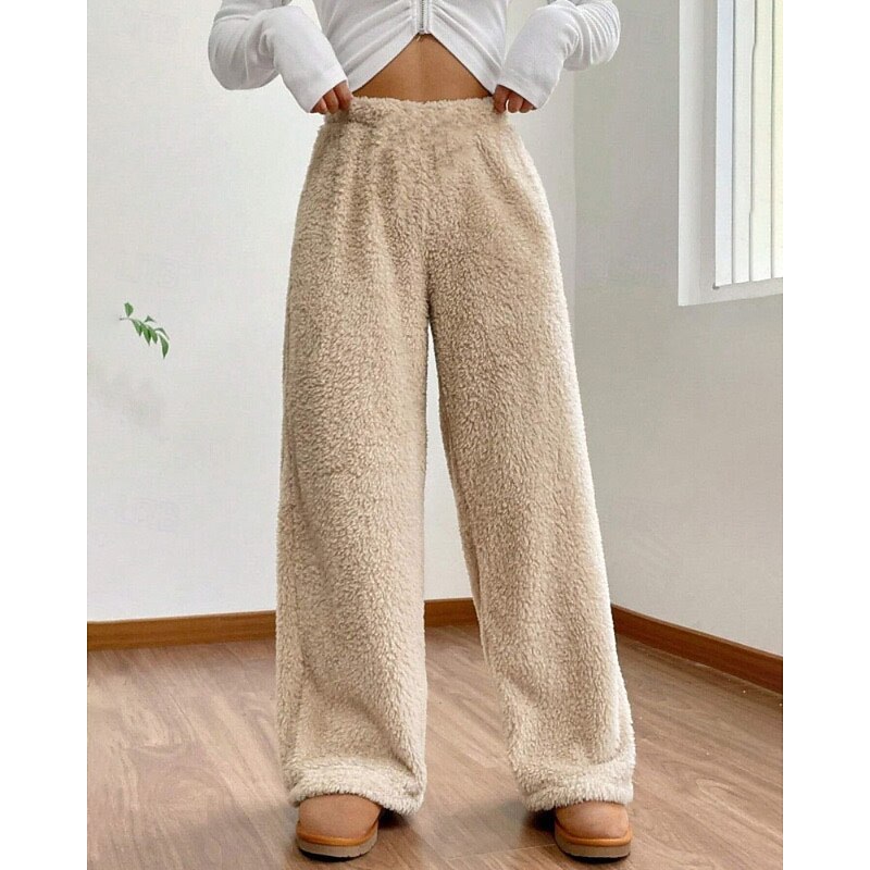 Women's Wide Leg Slacks Fashion Casual Full Length Mid Waist Plain Elastic Waist Thermal Warm Inelastic Stretchy Formal Vacation Street Light Gray Dark-Gray Camel Grey Winter Regular Fit Loose Fit2