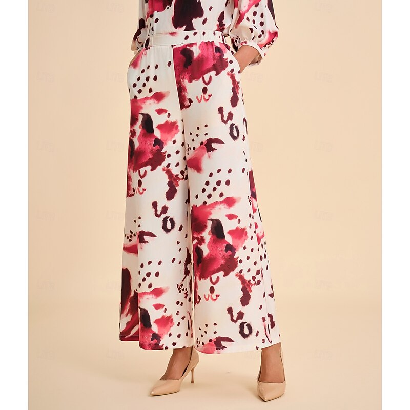 Women's Burgundy Abstract Print Elastic Gathered Wide-Leg Pants