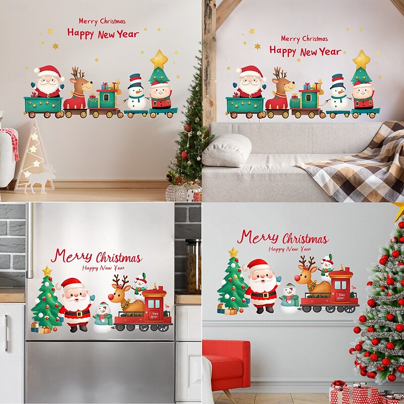 Christmas Sticker Wall Decals Cartoon Santa Claus Reindeer Snowman Train Removable Vinyl Mural Holiday Party Bedroom Bedside Background Wall Decoration For Christmas Festival Home